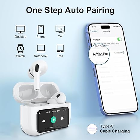 AirPods Pro with Smart Touch Display Screen – Wireless Bluetooth Earbuds with LED Display & Noise Cancellation